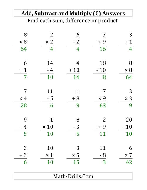 The Adding, Subtracting and Multiplying with Facts From 1 to 10 (C) Math Worksheet Page 2