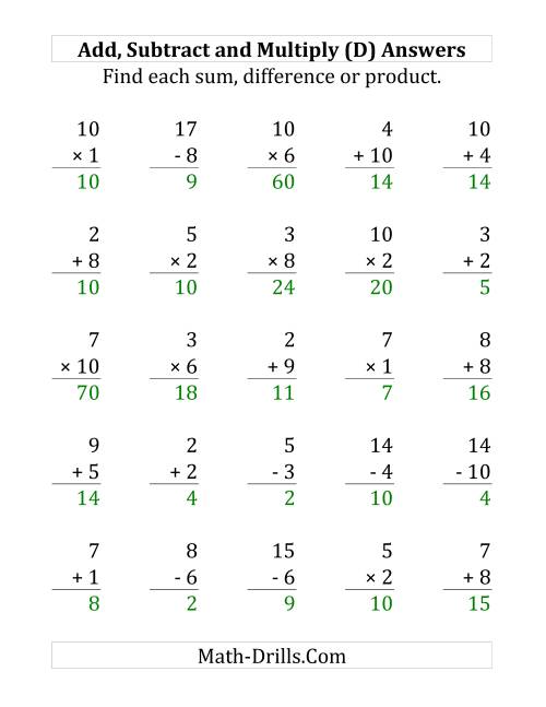 The Adding, Subtracting and Multiplying with Facts From 1 to 10 (D) Math Worksheet Page 2