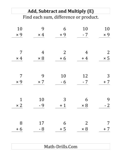 The Adding, Subtracting and Multiplying with Facts From 1 to 10 (E) Math Worksheet