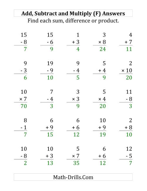 The Adding, Subtracting and Multiplying with Facts From 1 to 10 (F) Math Worksheet Page 2