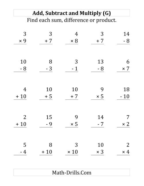 The Adding, Subtracting and Multiplying with Facts From 1 to 10 (G) Math Worksheet