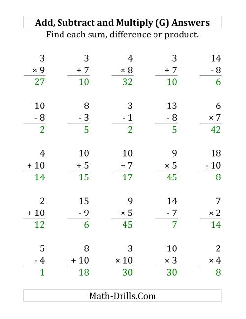 The Adding, Subtracting and Multiplying with Facts From 1 to 10 (G) Math Worksheet Page 2