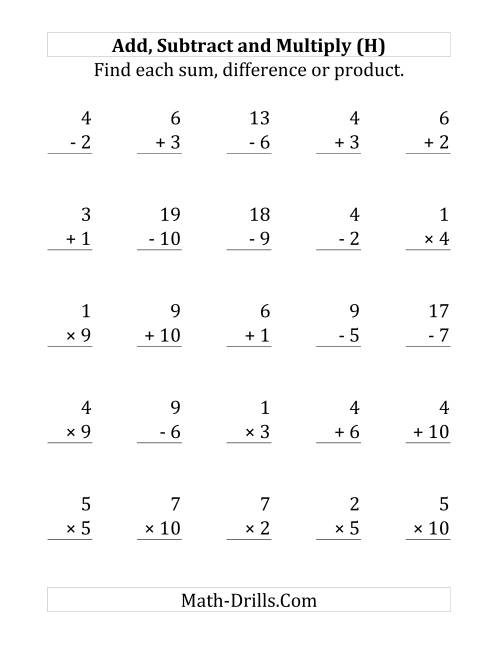 The Adding, Subtracting and Multiplying with Facts From 1 to 10 (H) Math Worksheet