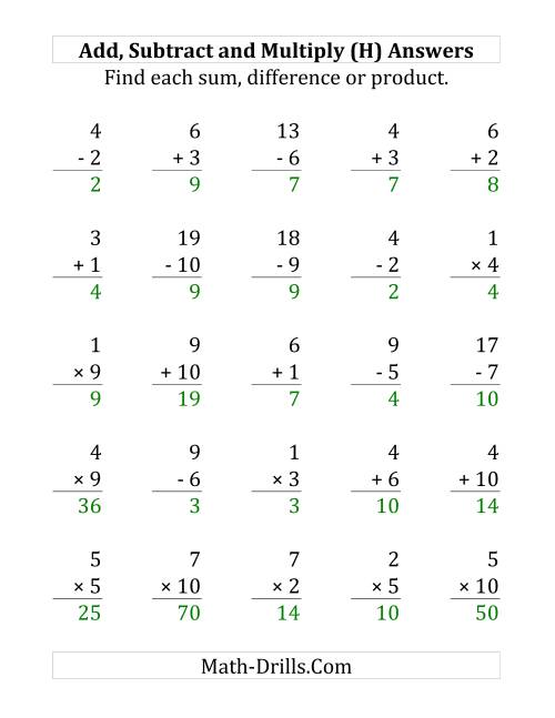 The Adding, Subtracting and Multiplying with Facts From 1 to 10 (H) Math Worksheet Page 2