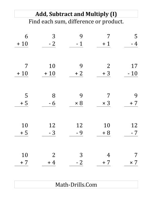 The Adding, Subtracting and Multiplying with Facts From 1 to 10 (I) Math Worksheet