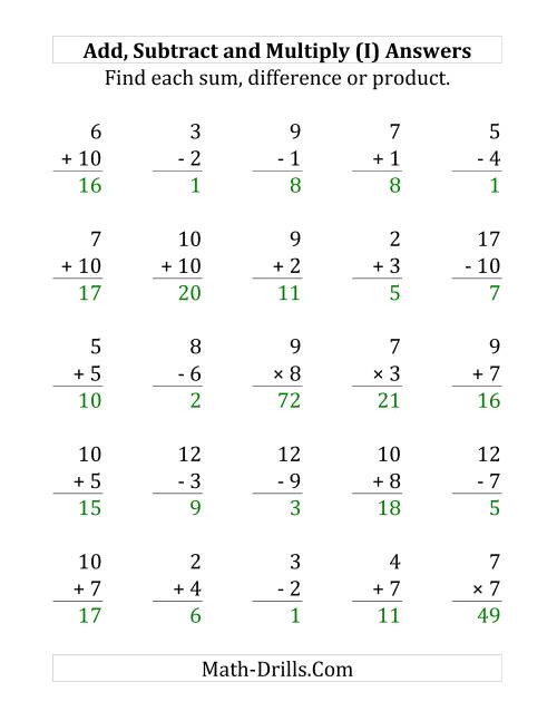 The Adding, Subtracting and Multiplying with Facts From 1 to 10 (I) Math Worksheet Page 2