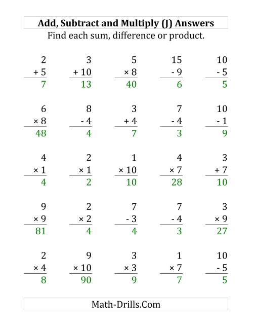The Adding, Subtracting and Multiplying with Facts From 1 to 10 (J) Math Worksheet Page 2