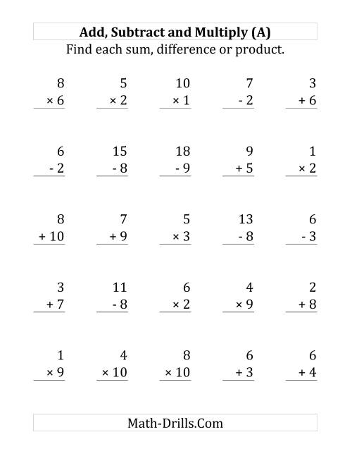 The Adding, Subtracting and Multiplying with Facts From 1 to 10 (Large Print) Math Worksheet