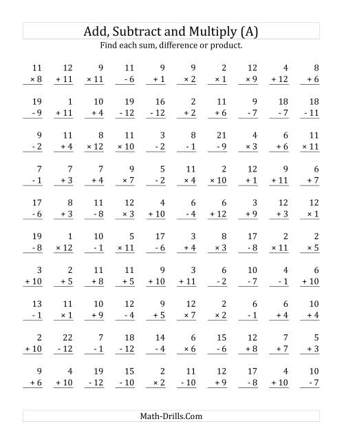 The Adding, Subtracting and Multiplying with Facts From 1 to 12 (A) Math Worksheet