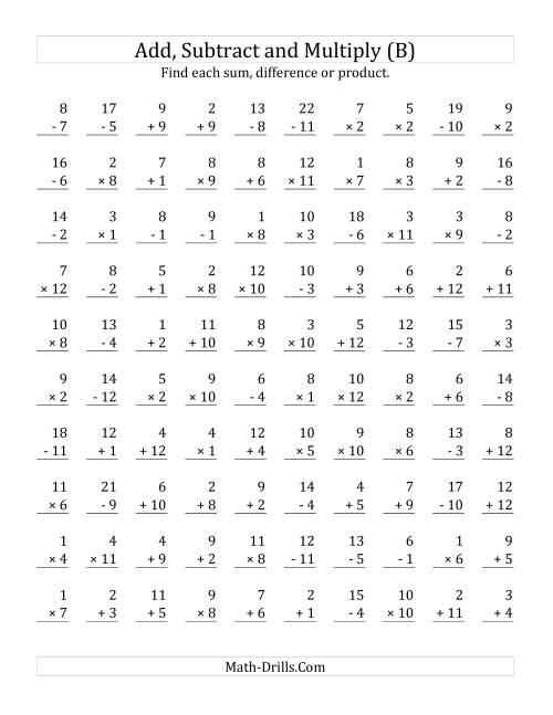 The Adding, Subtracting and Multiplying with Facts From 1 to 12 (B) Math Worksheet