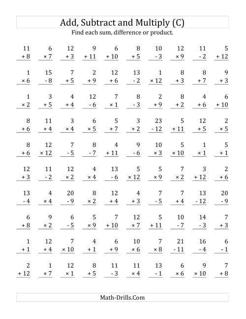 The Adding, Subtracting and Multiplying with Facts From 1 to 12 (C) Math Worksheet