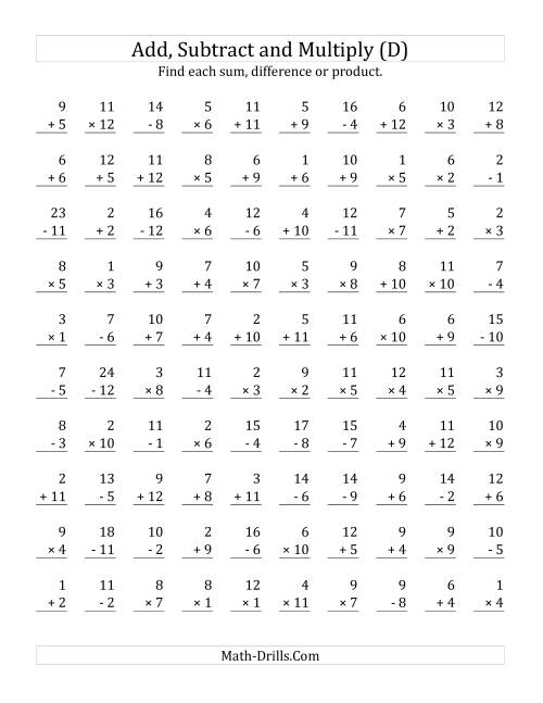 The Adding, Subtracting and Multiplying with Facts From 1 to 12 (D) Math Worksheet