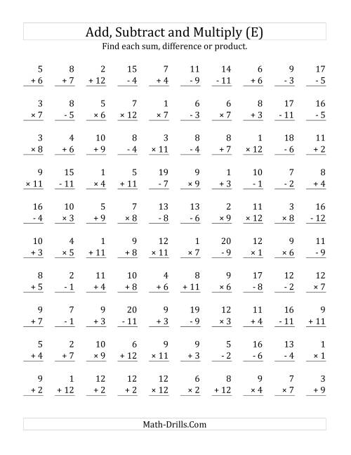 The Adding, Subtracting and Multiplying with Facts From 1 to 12 (E) Math Worksheet