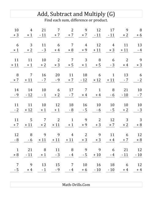 The Adding, Subtracting and Multiplying with Facts From 1 to 12 (G) Math Worksheet