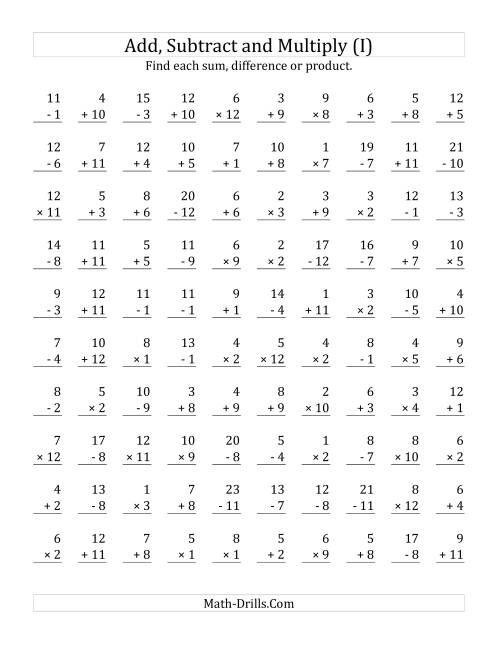 The Adding, Subtracting and Multiplying with Facts From 1 to 12 (I) Math Worksheet