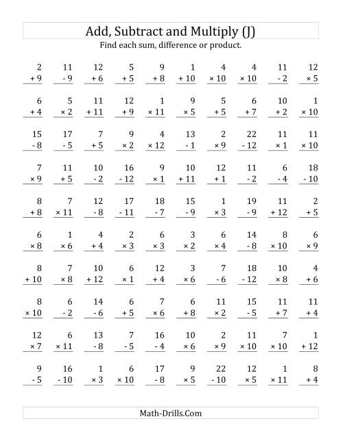 The Adding, Subtracting and Multiplying with Facts From 1 to 12 (J) Math Worksheet