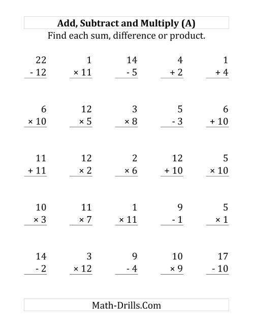 The Adding, Subtracting and Multiplying with Facts From 1 to 12 (A) Math Worksheet