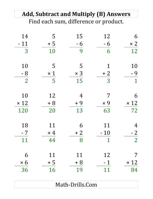 The Adding, Subtracting and Multiplying with Facts From 1 to 12 (B) Math Worksheet Page 2