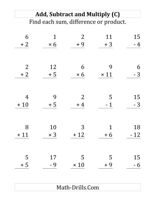 The Adding, Subtracting and Multiplying with Facts From 1 to 12 (C) Math Worksheet
