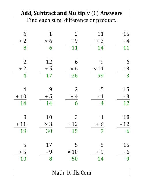 The Adding, Subtracting and Multiplying with Facts From 1 to 12 (C) Math Worksheet Page 2