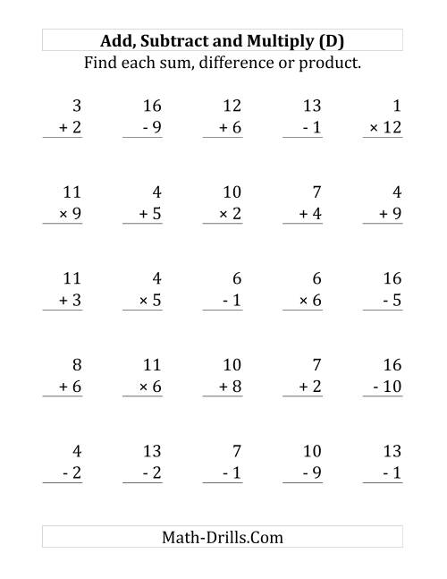 The Adding, Subtracting and Multiplying with Facts From 1 to 12 (D) Math Worksheet