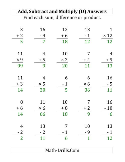 The Adding, Subtracting and Multiplying with Facts From 1 to 12 (D) Math Worksheet Page 2