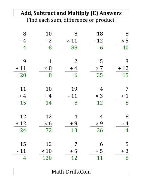The Adding, Subtracting and Multiplying with Facts From 1 to 12 (E) Math Worksheet Page 2