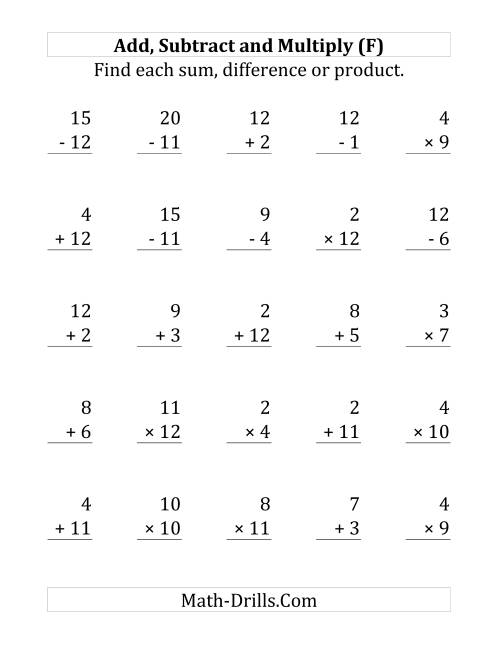 The Adding, Subtracting and Multiplying with Facts From 1 to 12 (F) Math Worksheet