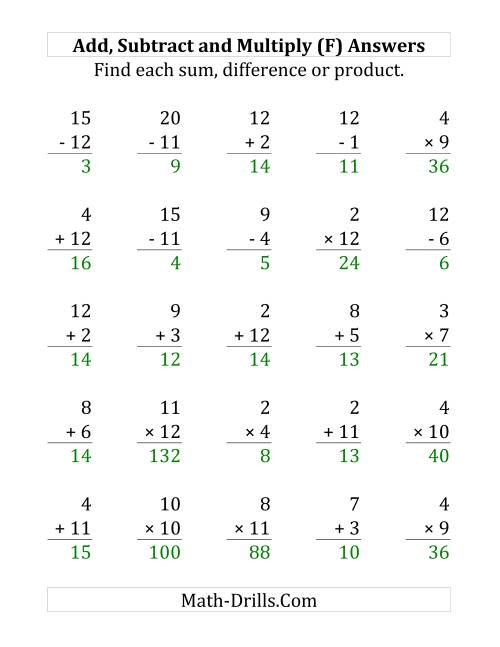 The Adding, Subtracting and Multiplying with Facts From 1 to 12 (F) Math Worksheet Page 2