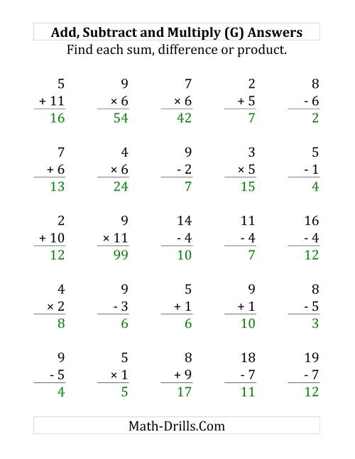 The Adding, Subtracting and Multiplying with Facts From 1 to 12 (G) Math Worksheet Page 2