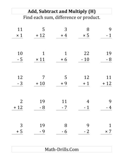 The Adding, Subtracting and Multiplying with Facts From 1 to 12 (H) Math Worksheet