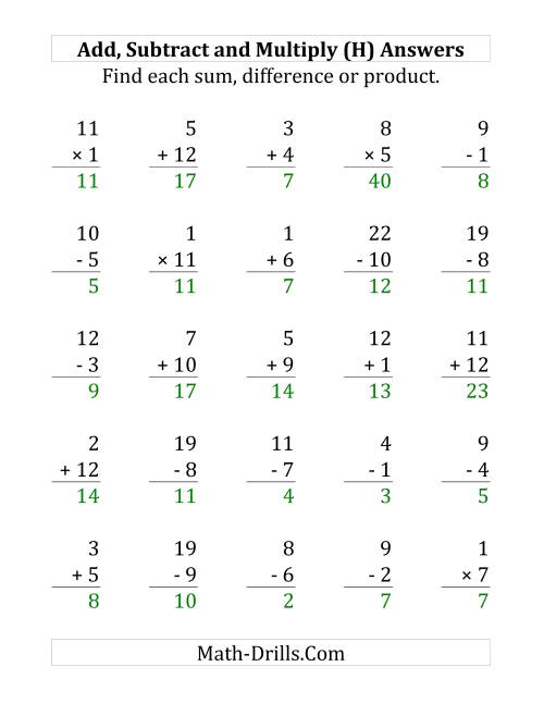 The Adding, Subtracting and Multiplying with Facts From 1 to 12 (H) Math Worksheet Page 2