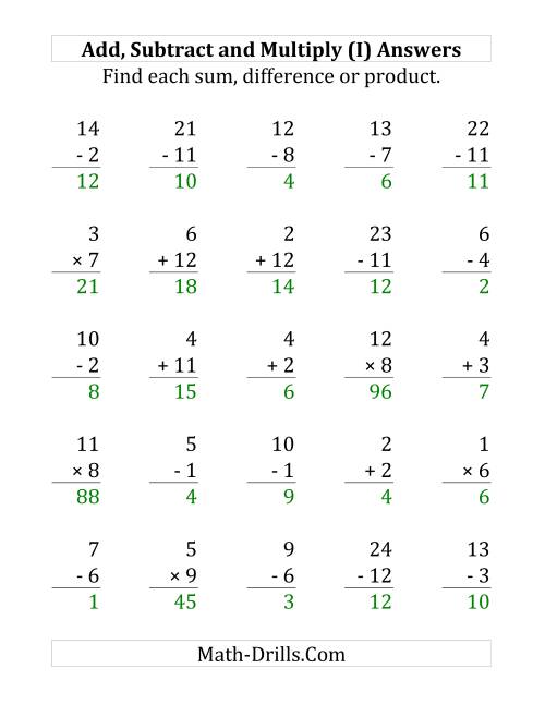 The Adding, Subtracting and Multiplying with Facts From 1 to 12 (I) Math Worksheet Page 2