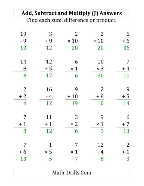 The Adding, Subtracting and Multiplying with Facts From 1 to 12 (J) Math Worksheet Page 2