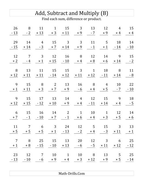 The Adding, Subtracting and Multiplying with Facts From 1 to 15 (B) Math Worksheet