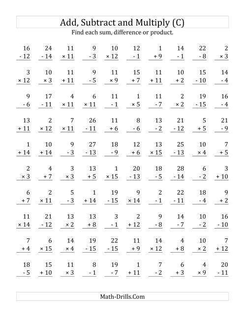 The Adding, Subtracting and Multiplying with Facts From 1 to 15 (C) Math Worksheet