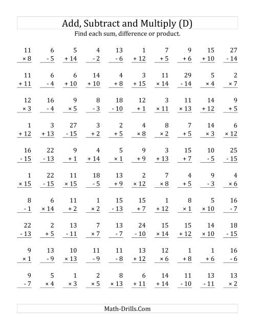 The Adding, Subtracting and Multiplying with Facts From 1 to 15 (D) Math Worksheet