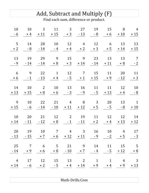 The Adding, Subtracting and Multiplying with Facts From 1 to 15 (F) Math Worksheet