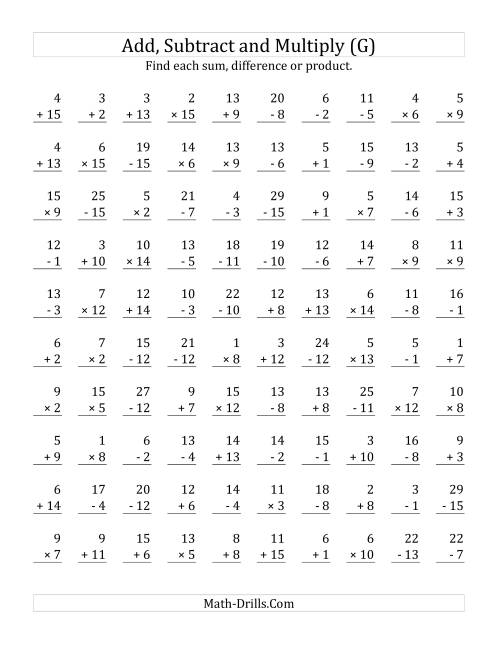 The Adding, Subtracting and Multiplying with Facts From 1 to 15 (G) Math Worksheet