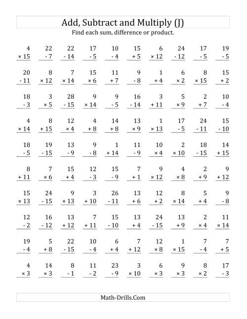 The Adding, Subtracting and Multiplying with Facts From 1 to 15 (J) Math Worksheet