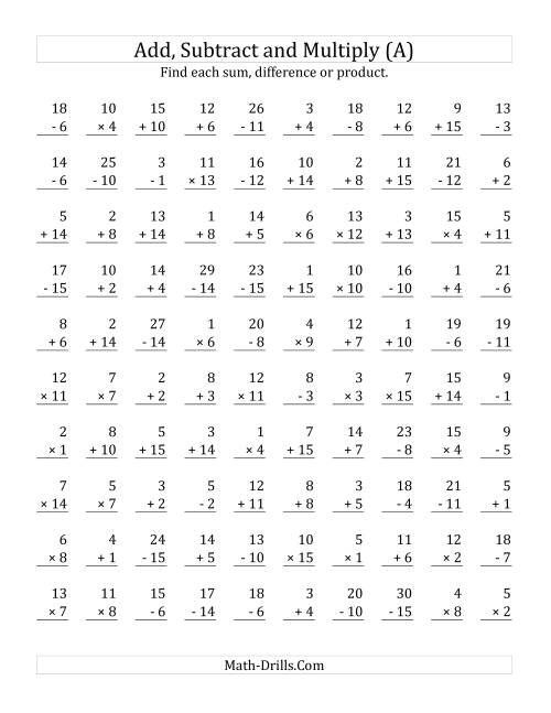The Adding, Subtracting and Multiplying with Facts From 1 to 15 (All) Math Worksheet