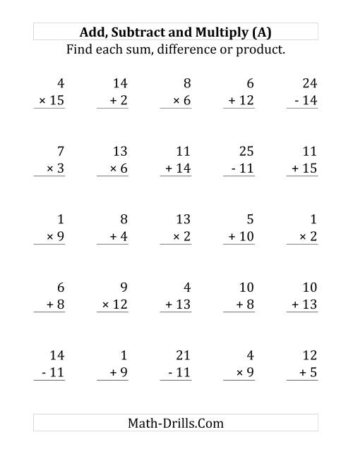 The Adding, Subtracting and Multiplying with Facts From 1 to 15 (A) Math Worksheet
