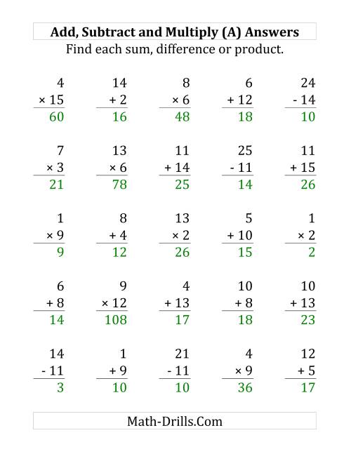 The Adding, Subtracting and Multiplying with Facts From 1 to 15 (A) Math Worksheet Page 2
