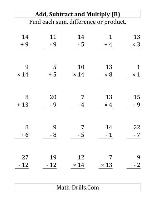 The Adding, Subtracting and Multiplying with Facts From 1 to 15 (B) Math Worksheet