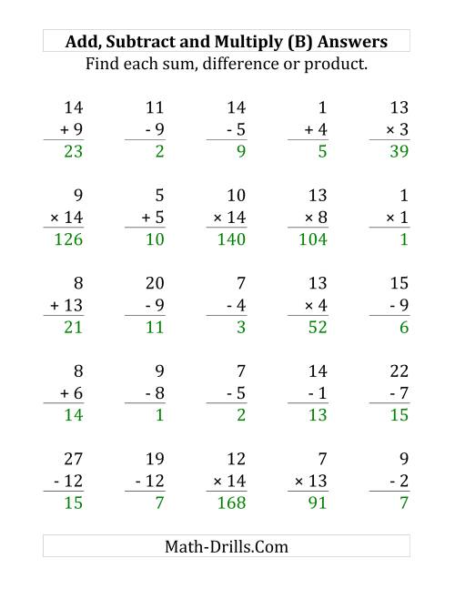 The Adding, Subtracting and Multiplying with Facts From 1 to 15 (B) Math Worksheet Page 2