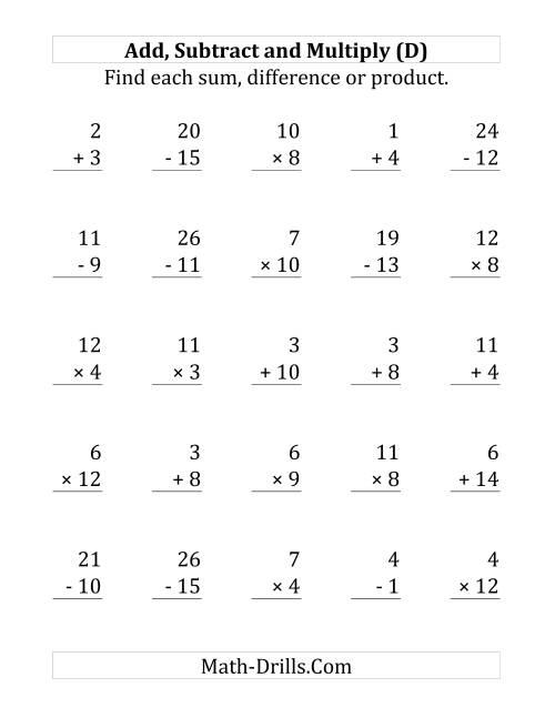 The Adding, Subtracting and Multiplying with Facts From 1 to 15 (D) Math Worksheet