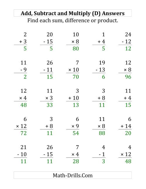 The Adding, Subtracting and Multiplying with Facts From 1 to 15 (D) Math Worksheet Page 2