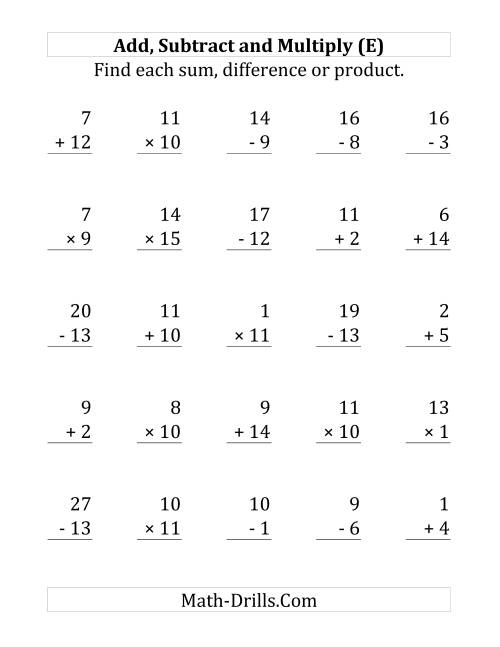 The Adding, Subtracting and Multiplying with Facts From 1 to 15 (E) Math Worksheet