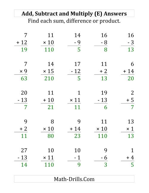 The Adding, Subtracting and Multiplying with Facts From 1 to 15 (E) Math Worksheet Page 2