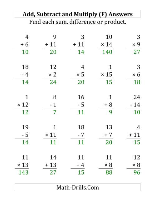 The Adding, Subtracting and Multiplying with Facts From 1 to 15 (F) Math Worksheet Page 2